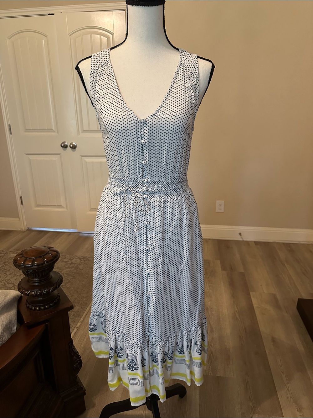 Lucky Brand White Midi Dress with Navy Polka Dots and Yellow Hem